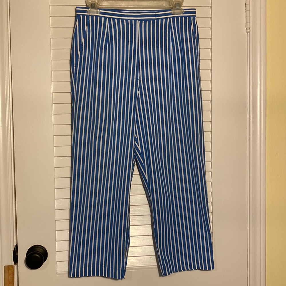 Talbots blue & white stripe, stretch pants, 10P, side pockets, zipper.